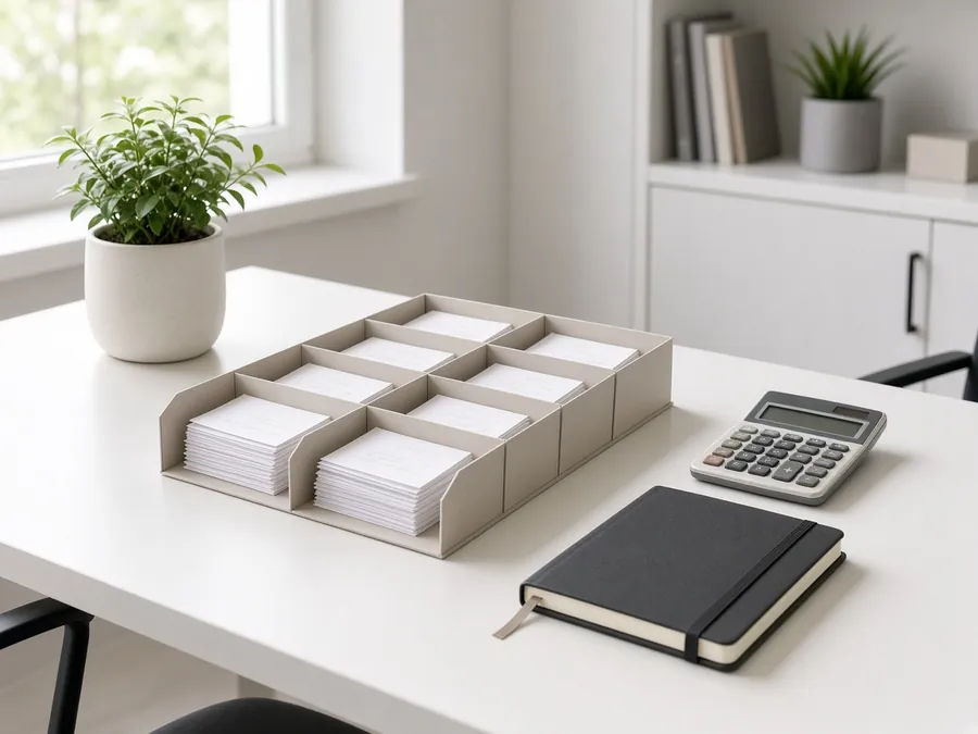 Tidy desk with sorted receipts and a calculator