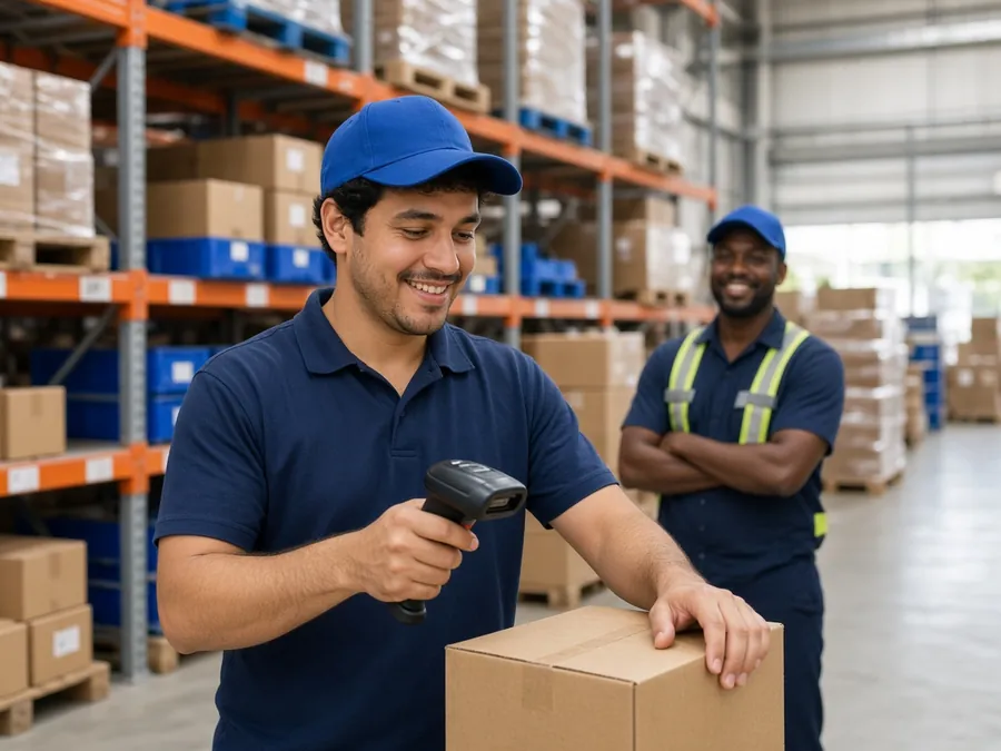 Warehouse worker scanning a box with a handheld scanner