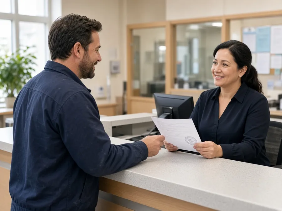 Contractor at a permit counter with a clerk