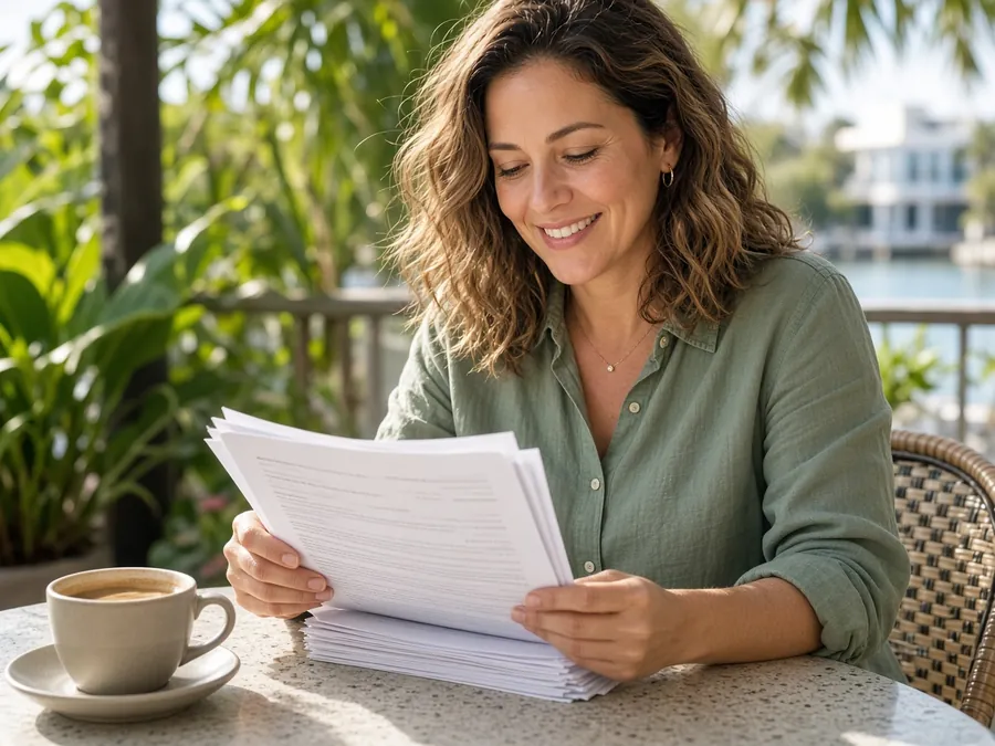 Business owner on a cafe patio reading through a stack of bid papers