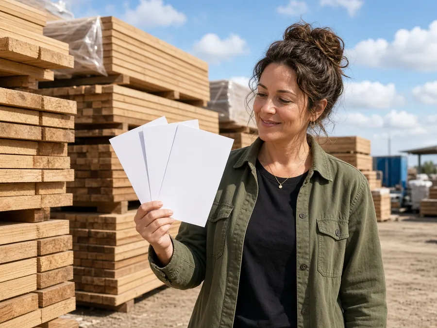 Woman at a lumber yard comparing quotes