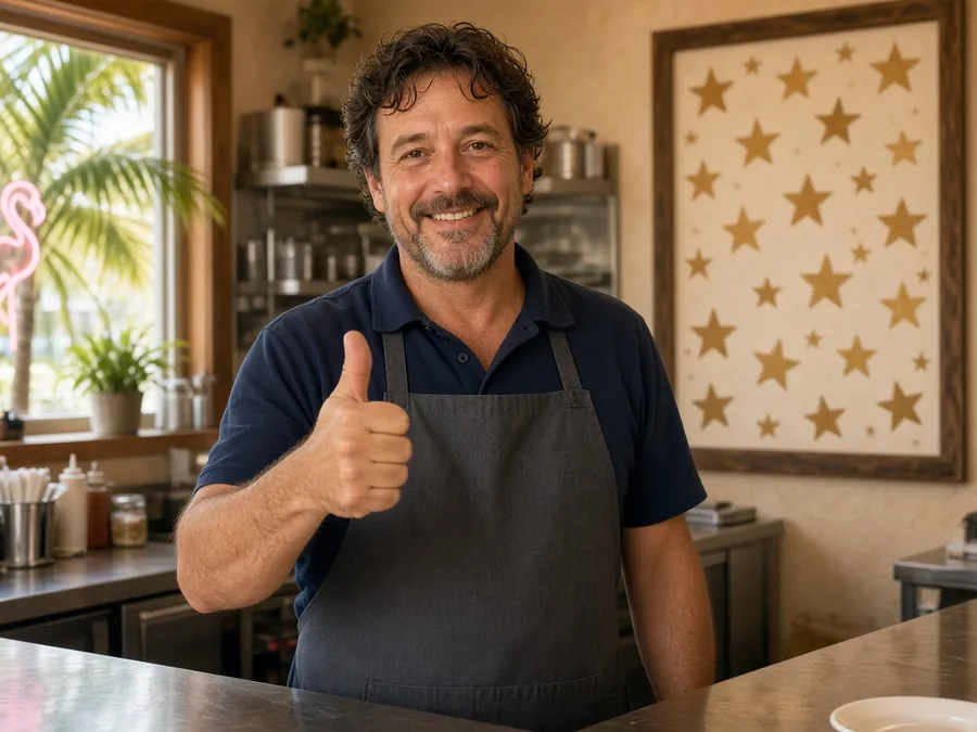 Diner owner giving a thumbs up under review stars