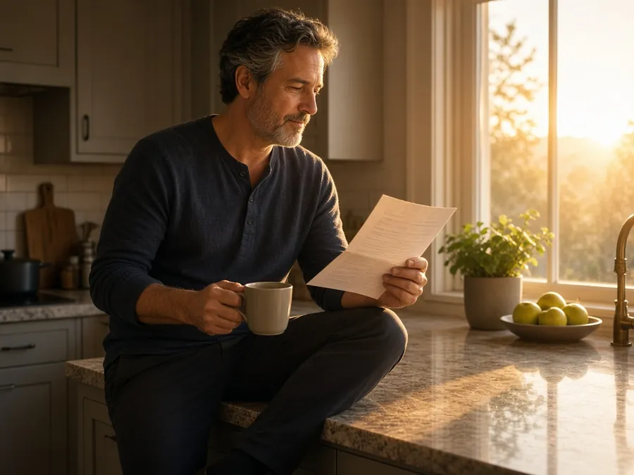 Man at a kitchen counter at sunrise reading his daily summary