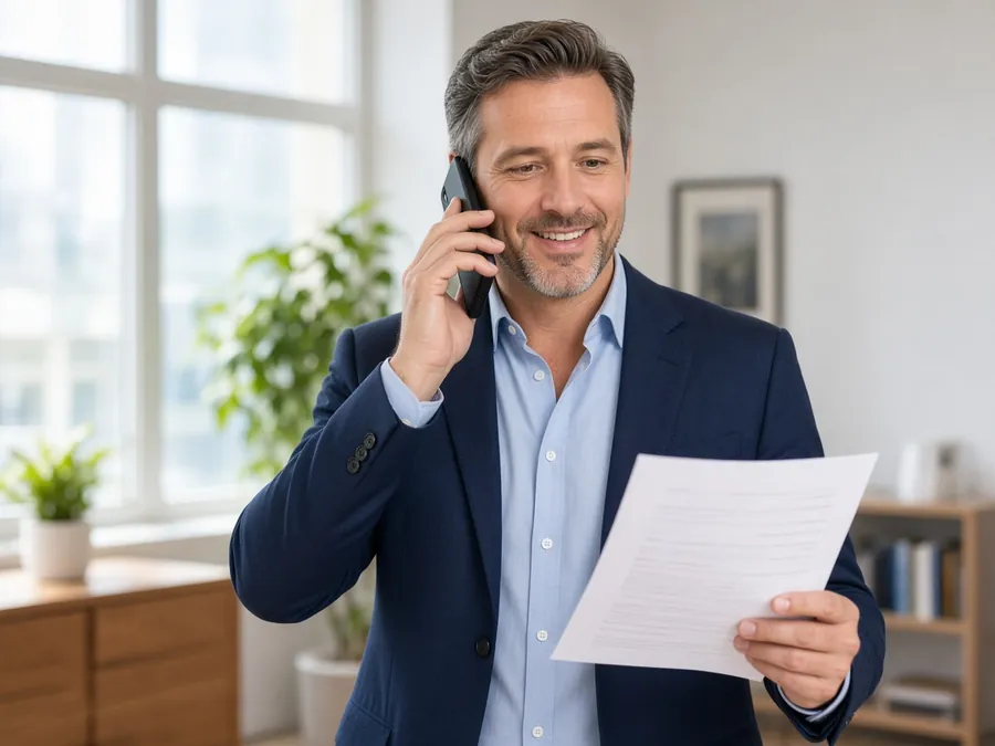 Man on a phone call holding a one-page brief