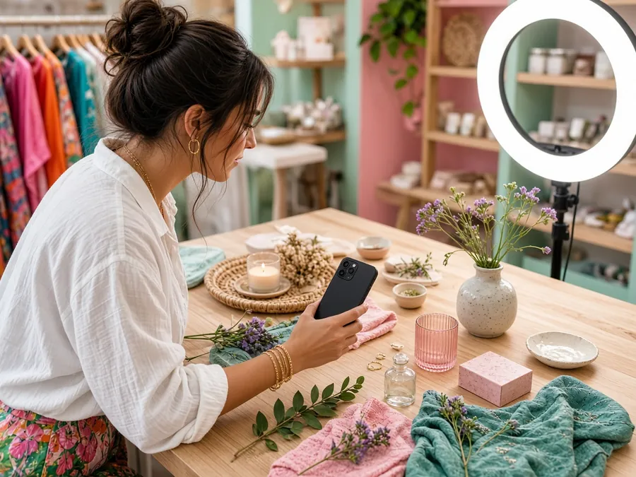 Boutique owner photographing products for social media