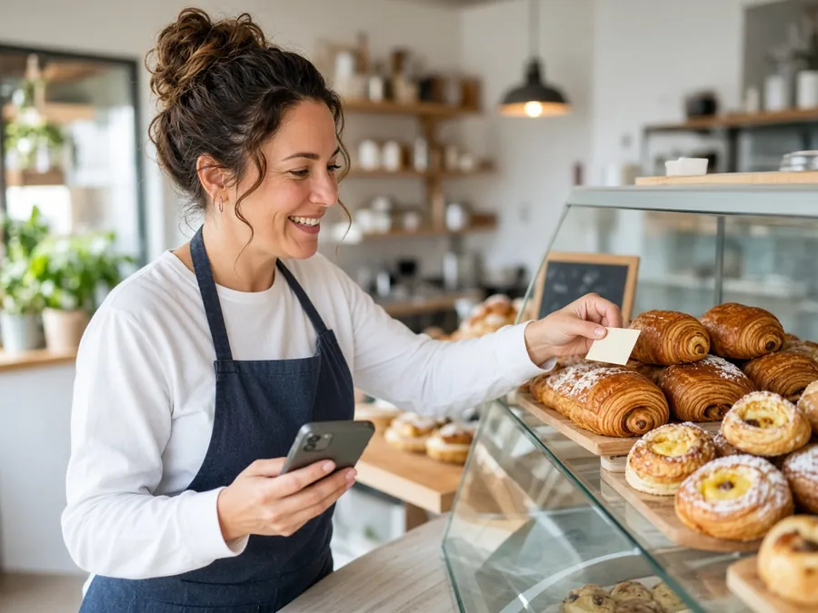 Bakery owner placing a new price tag