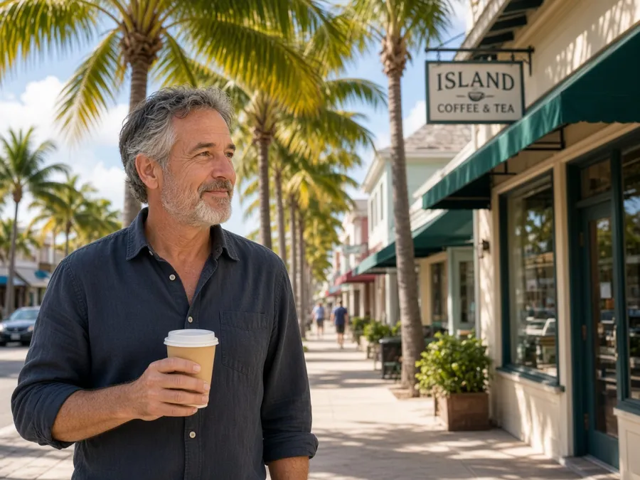 Man with binoculars on a Florida street