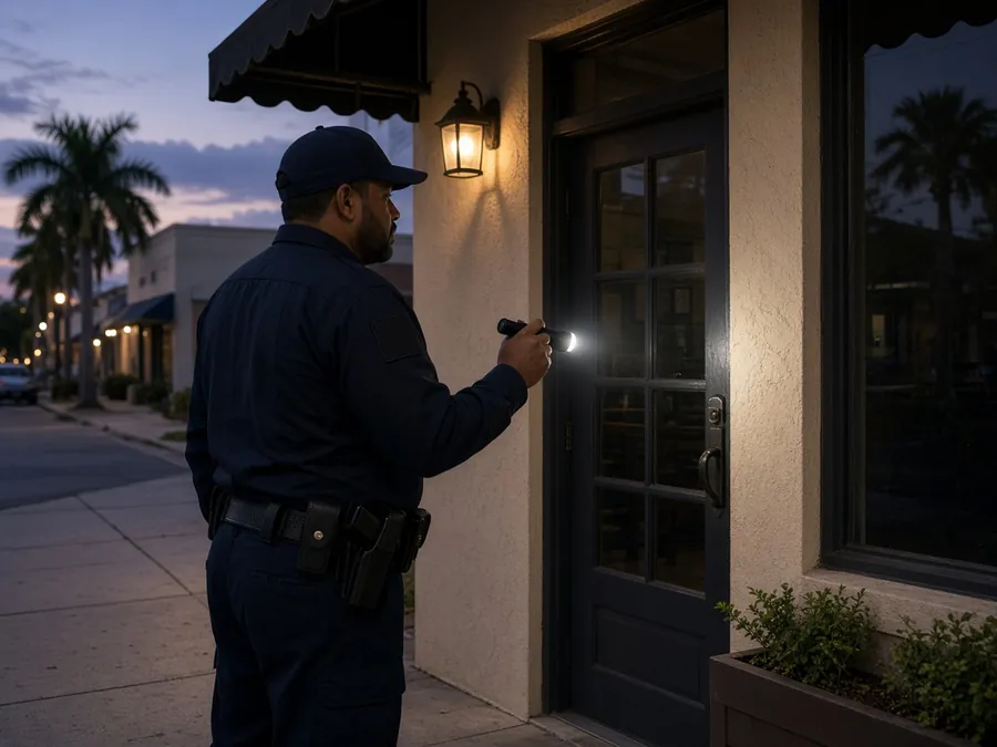 Security guard checking a shop door at dusk
