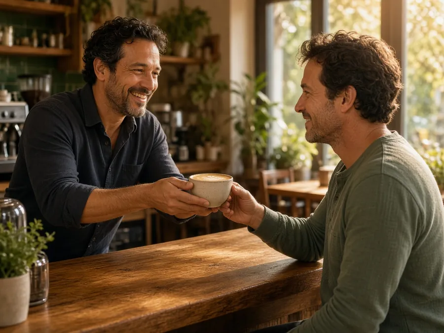 Coffee shop owner handing a latte to a regular customer