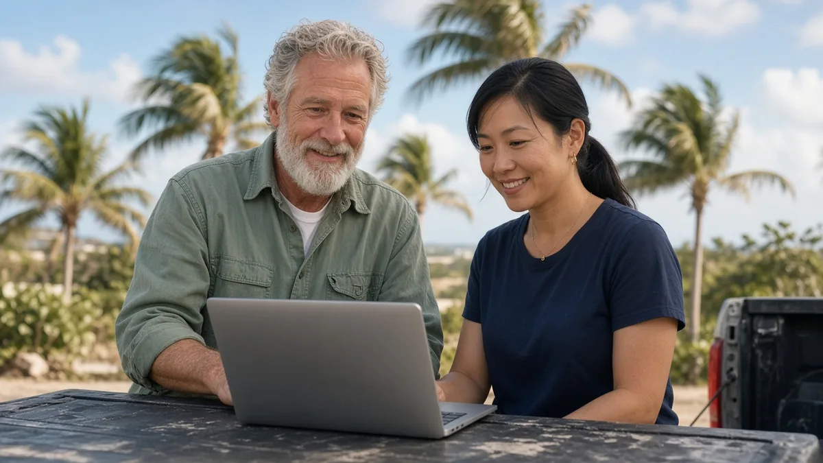 Two landscaping business owners reviewing results on a laptop