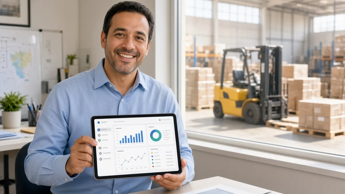 Business owner holding a tablet showing a cost dashboard in a warehouse
